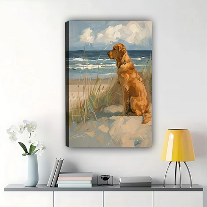 Golden Retriever on Beach Canvas Wall Art - Coastal Dog Portrait Painting|W1064