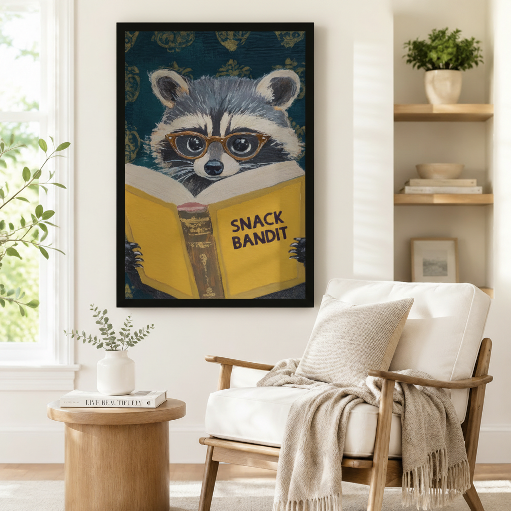 Snack Bandit Raccoon Reading Funny Impasto Canvas Print w6085