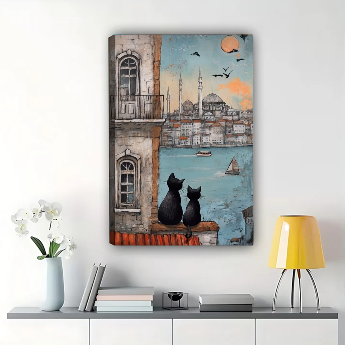 Istanbul Cats Balcony View Wall Art - Mosque Skyline Canvas Print|W1323