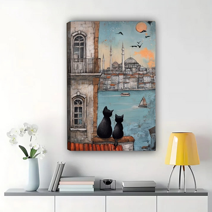 Istanbul Cats Balcony View Wall Art - Mosque Skyline Canvas Print|W1323