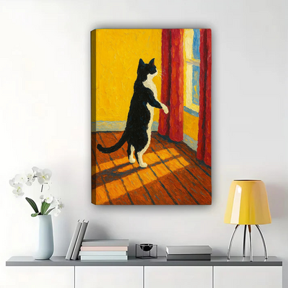 Cat Looking Out Window Wall Art - Warm Oil Painting Print|W1255
