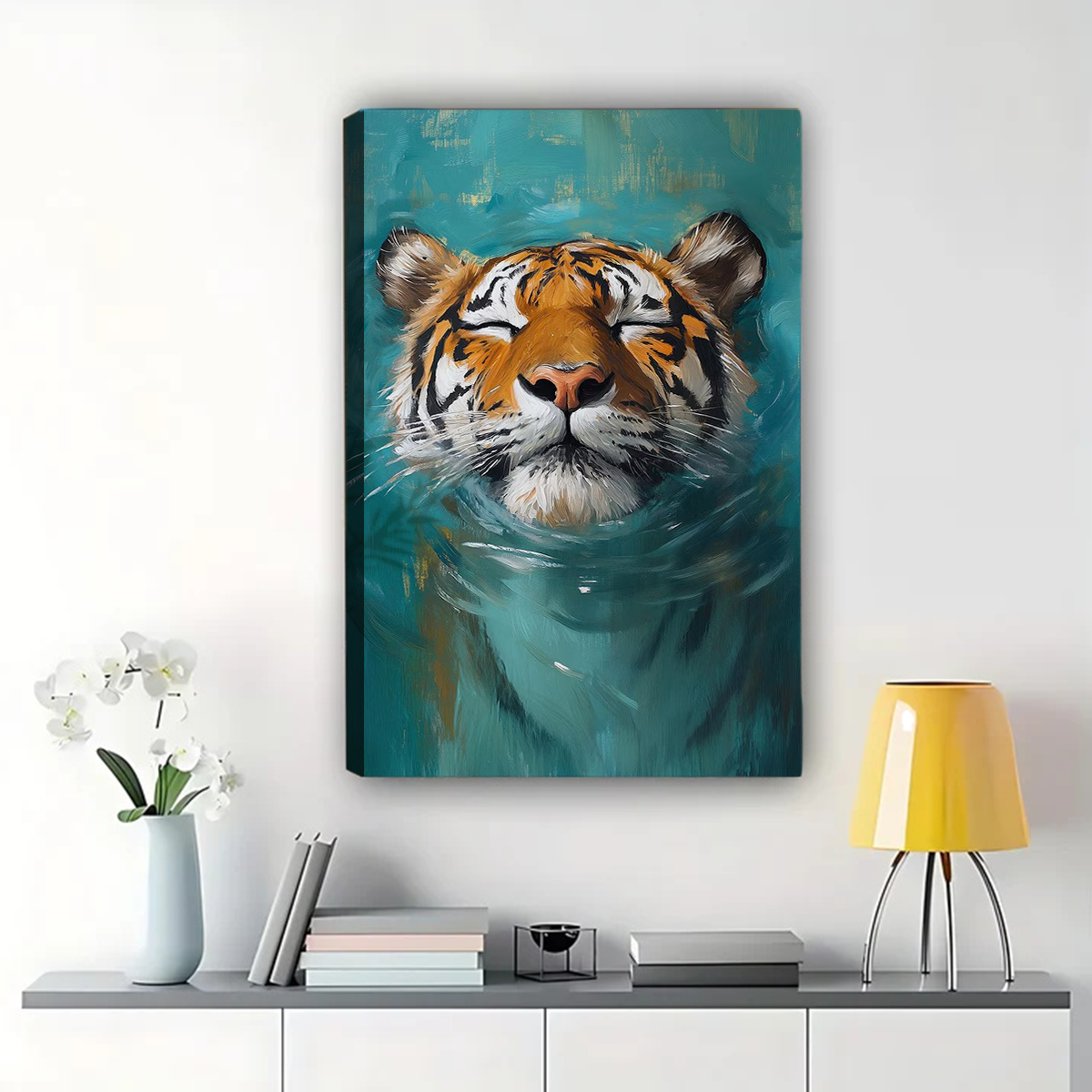 Swimming Tiger Canvas Wall Art - Turquoise Water Animal Print|W1160