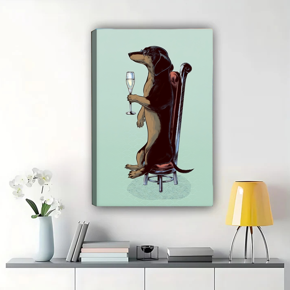 Dachshund with Champagne Wall Art - Fancy Dog Celebration Print|W1311