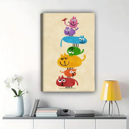 Stacked Colorful Cats Wall Art - Whimsical Rainbow Cat Print|W1244