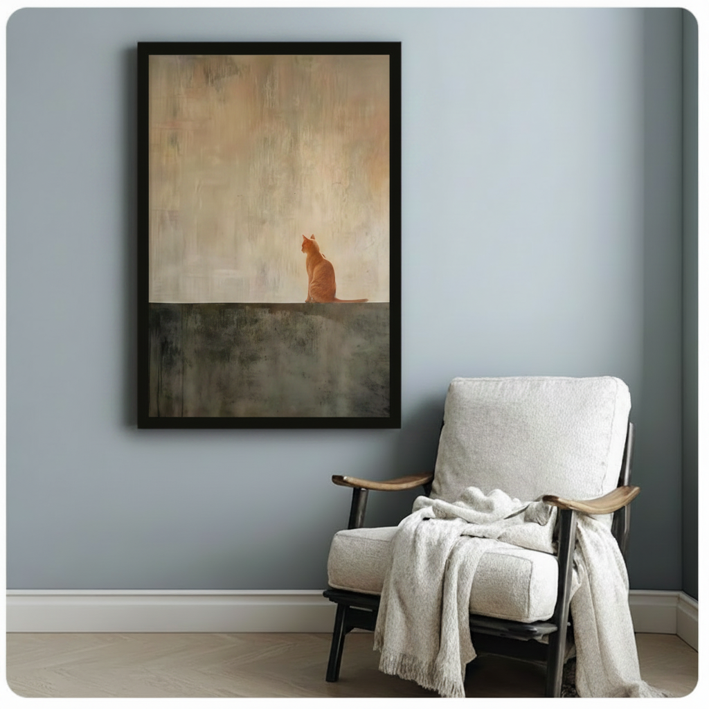 Solitary Orange Cat Minimalist Oil Painting Canvas Print w6049