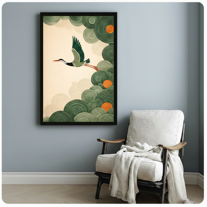 Japanese Crane Flying Green Cloud Decorative Canvas Print w6047