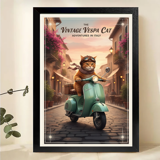 Vintage Vespa Cat Wall Art - Retro Italy Travel Poster| W1017
