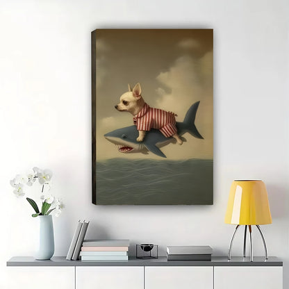 Chihuahua Riding Shark Framed Art – Surreal Animal Wall Print| W1032