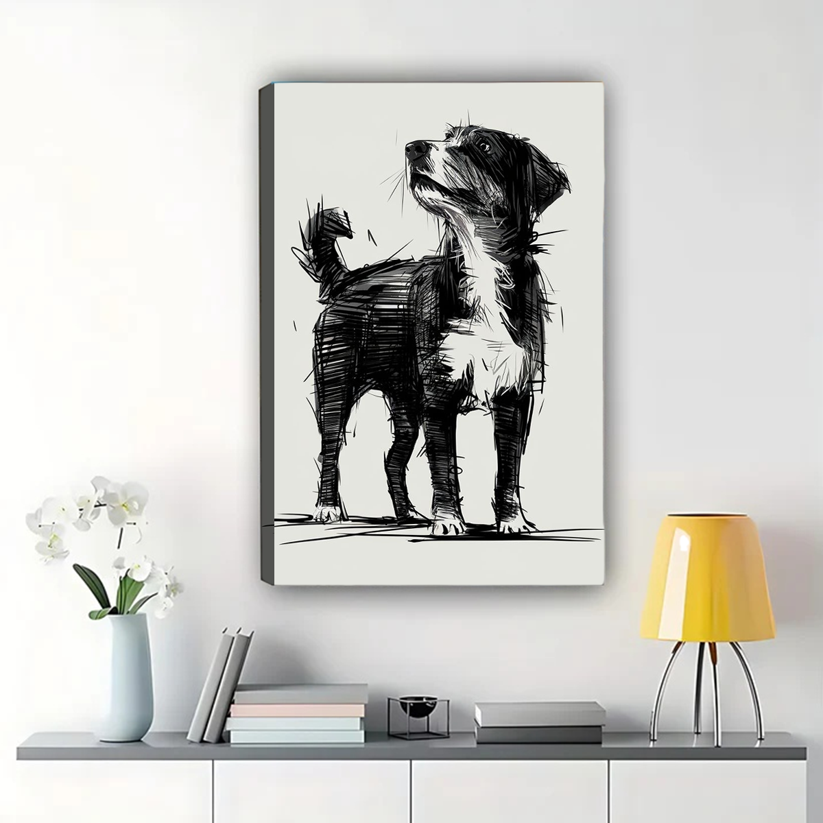 Confident Dog Looking Up Wall Art - Black and White Sketch Canvas Print|W1375