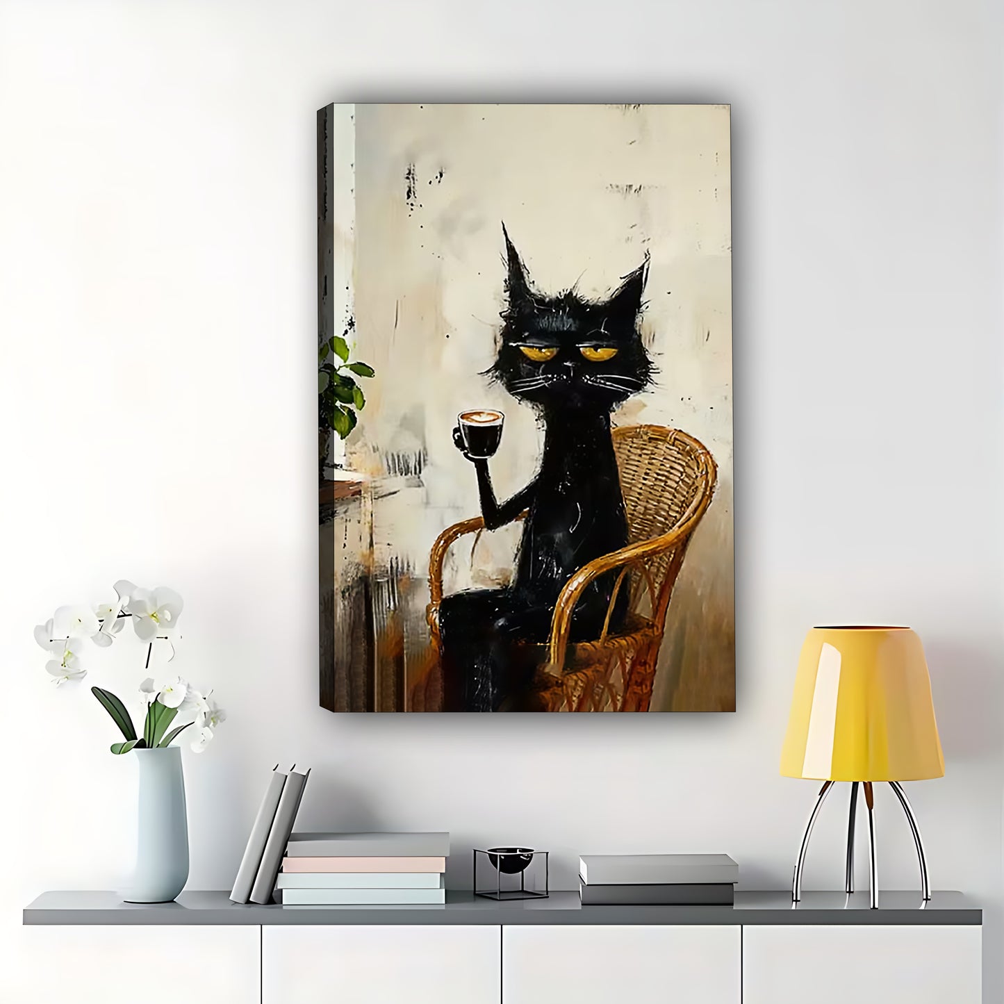 The Sophisticated Wine-Holding Black Cat – Vintage Elegant Wall Art on Natural Wood Canvas | W577