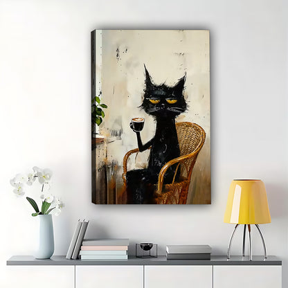 The Sophisticated Wine-Holding Black Cat – Vintage Elegant Wall Art on Natural Wood Canvas | W577
