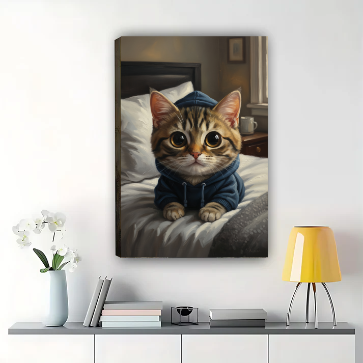 Cozy Cat in Hoodie Art Print - Cute Tabby Kitten Bedroom Wall Decor| W1021