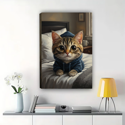Cozy Cat in Hoodie Art Print - Cute Tabby Kitten Bedroom Wall Decor| W1021