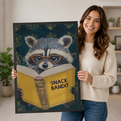 Snack Bandit Raccoon Reading Funny Impasto Canvas Print w6085