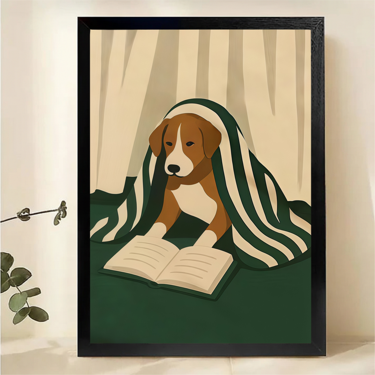 Dog Reading Book Framed Wall Art - Modern Minimalist Print|W1075