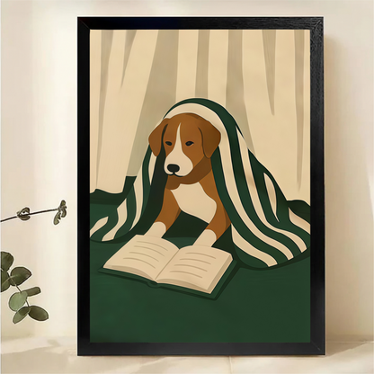 Dog Reading Book Framed Wall Art - Modern Minimalist Print|W1075