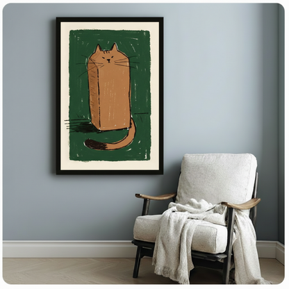 Quirky tabby cat wall art canvas – bold green and orange illustration for bedroom or home office