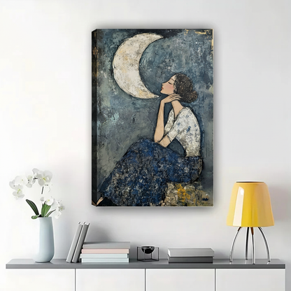 Woman and Crescent Moon Wall Art - Blue Abstract Canvas Print|W1336