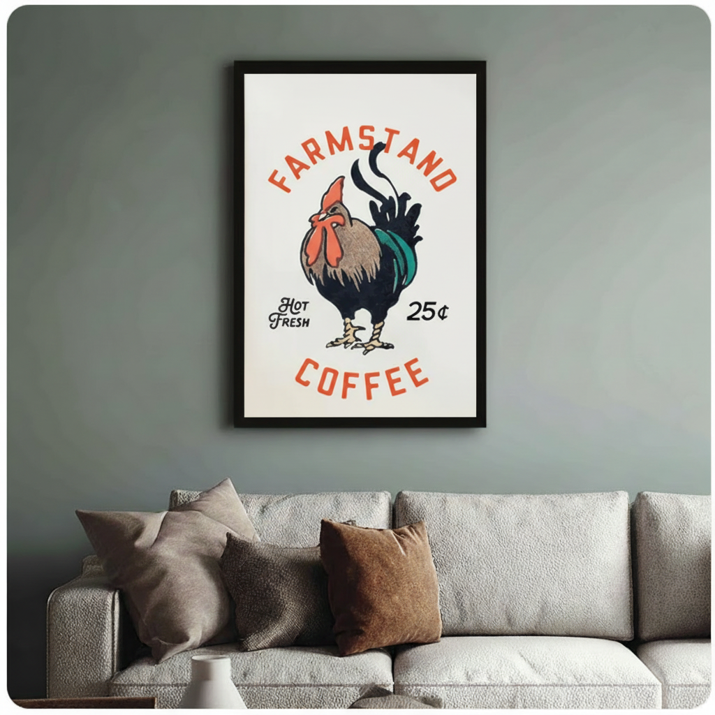 Hot Fresh 25 cents rooster canvas print — classic Americana farmhouse wall art for kitchen and dining room