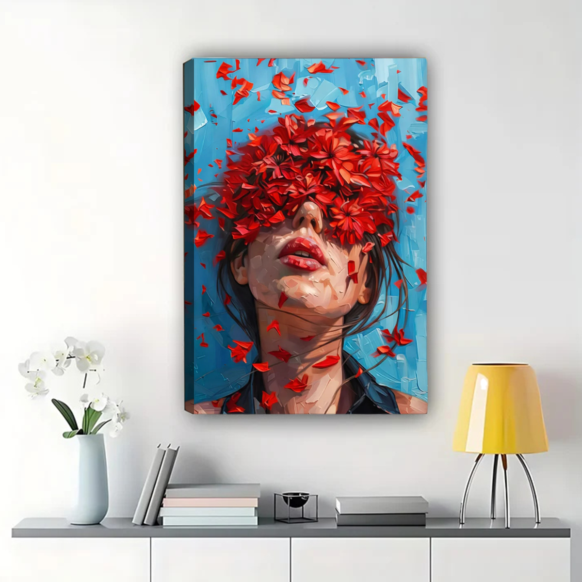 Woman with Red Flowers Wall Art - Contemporary Portrait Print|W1239