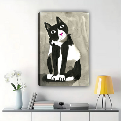 Black and White Cat Wall Art - Minimalist Watercolor Print|W1286