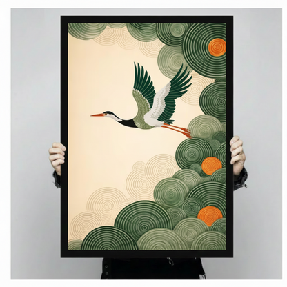 Japanese Crane Flying Green Cloud Decorative Canvas Print w6047