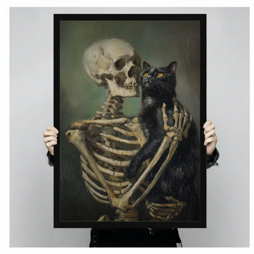 Gothic Skeleton Holding Black Cat Canvas Art w6614