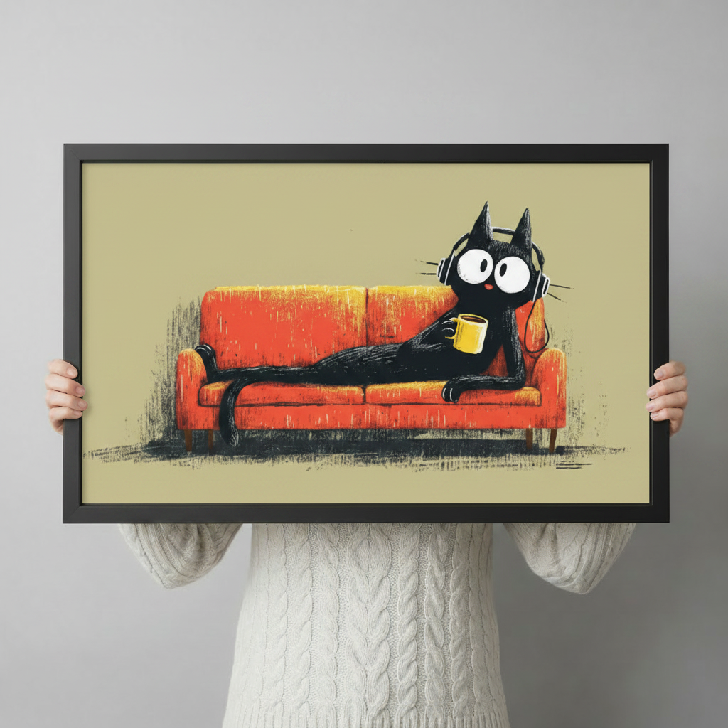 Black Cat Lounge Coffee Headphones Canvas Wall Art