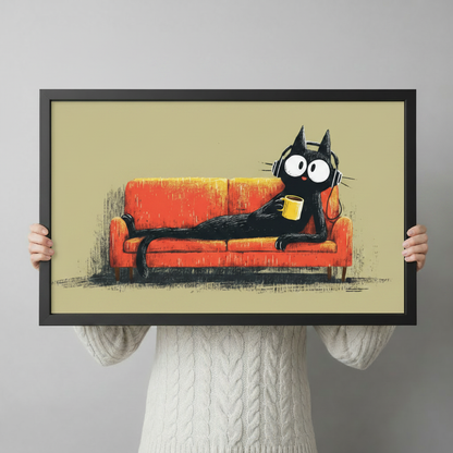 Black Cat Lounge Coffee Headphones Canvas Wall Art