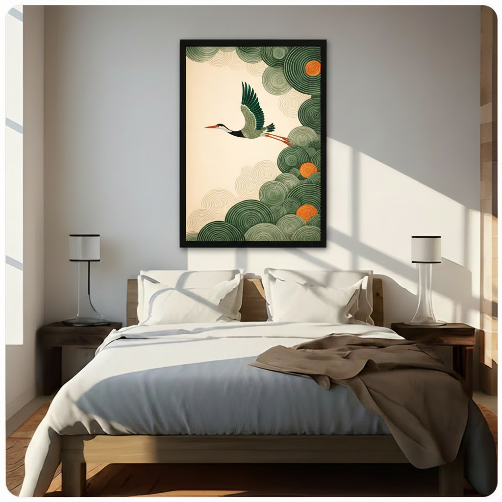 Japanese Crane Flying Green Cloud Decorative Canvas Print w6047