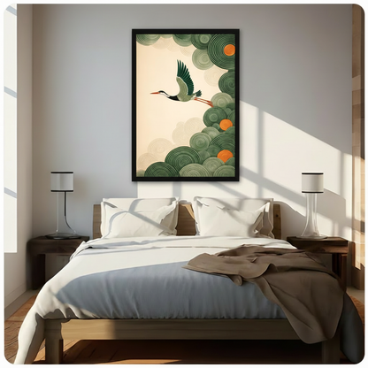 Japanese Crane Flying Green Cloud Decorative Canvas Print w6047