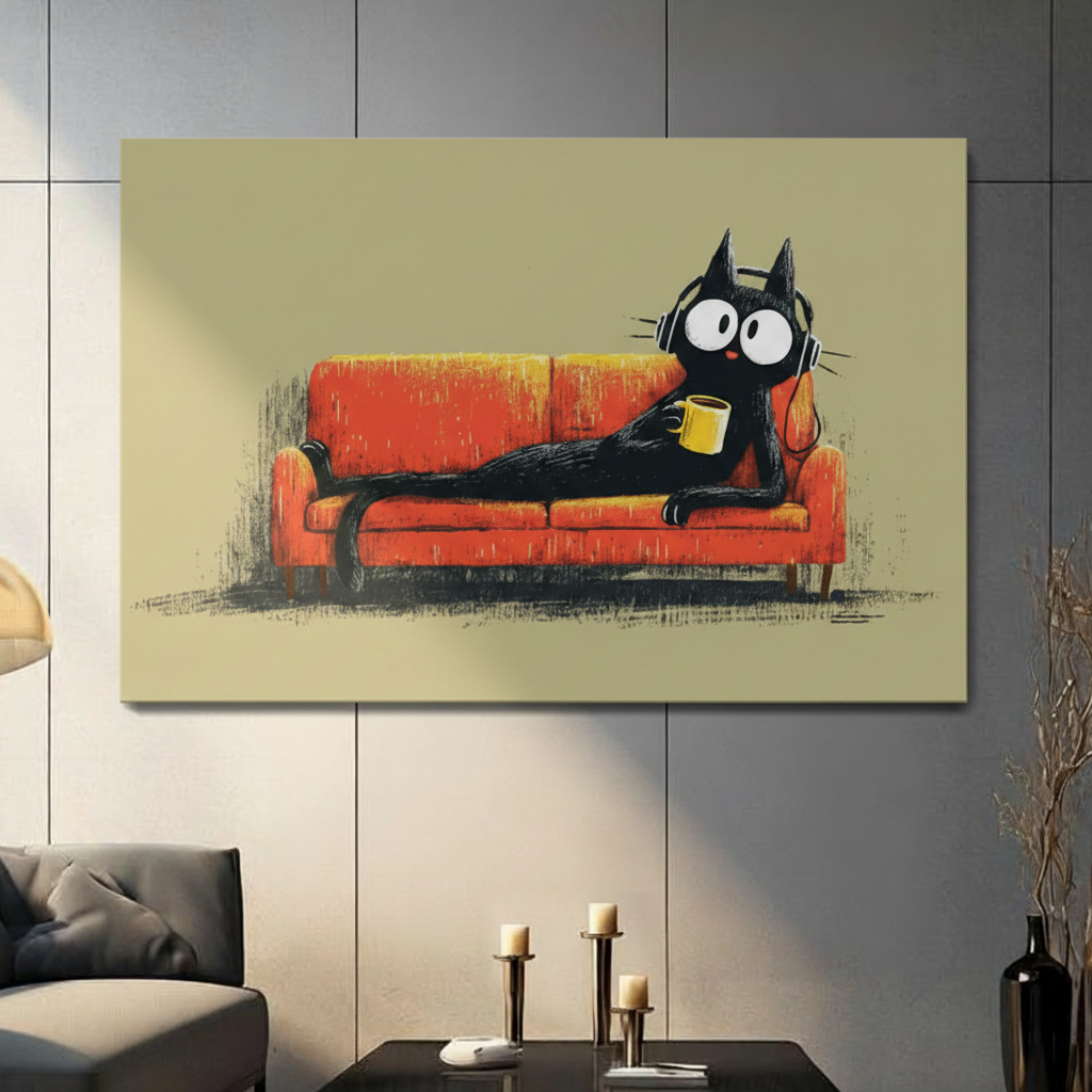 Black Cat Lounge Coffee Headphones Canvas Wall Art