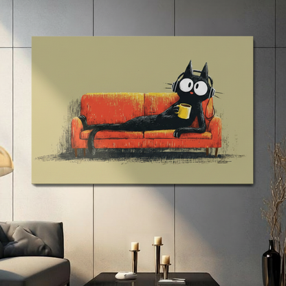Black Cat Lounge Coffee Headphones Canvas Wall Art
