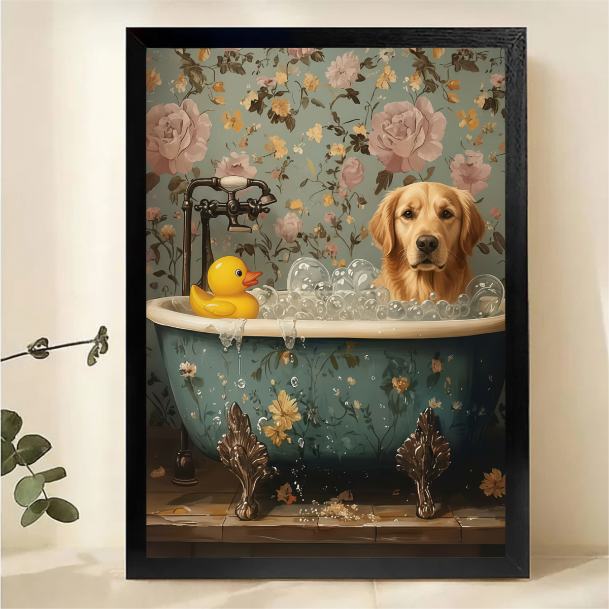 Dog in Bathtub with Rubber Duck Wall Art - Bathroom Decor|W1073