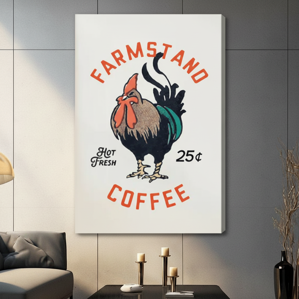 Retro rooster Farmstand Coffee stretched canvas print — bold vintage poster wall art for coffee lover home decor