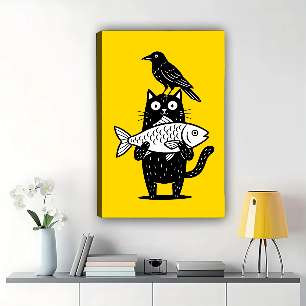 Cat with Fish and Crow Wall Art - Whimsical Yellow Print|W1266