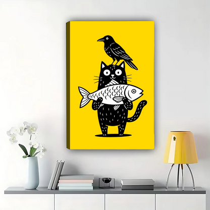 Cat with Fish and Crow Wall Art - Whimsical Yellow Print|W1266