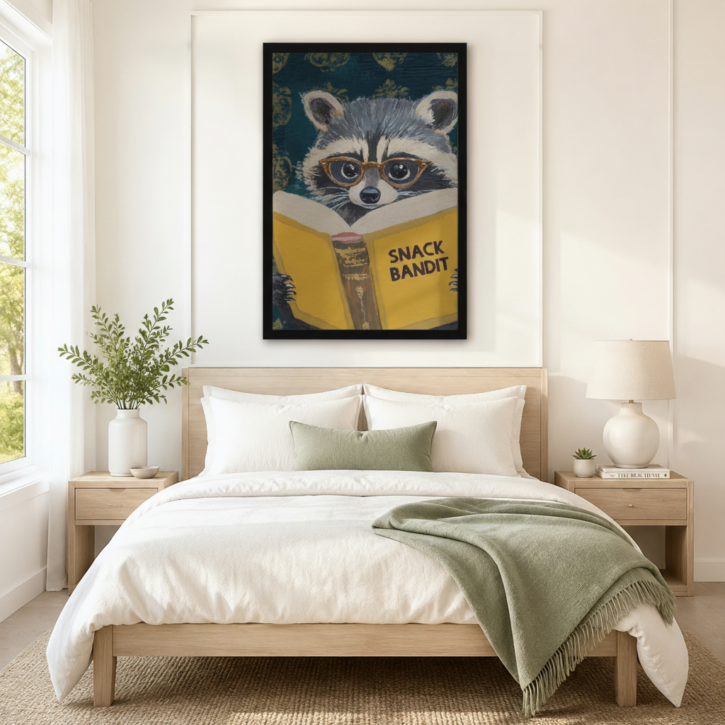 Snack Bandit Raccoon Reading Funny Impasto Canvas Print w6085