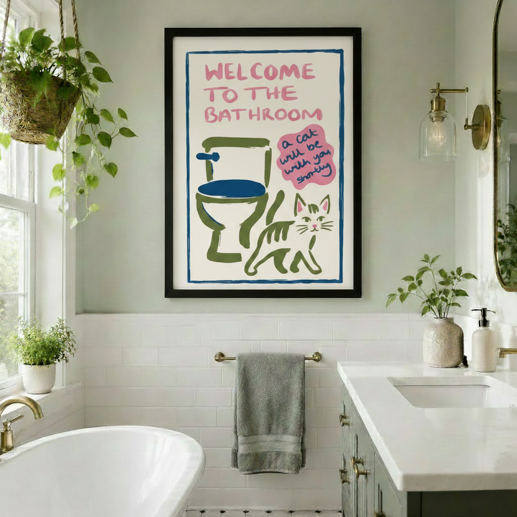 Welcome to the Bathroom Funny Cat Canvas Art w6091