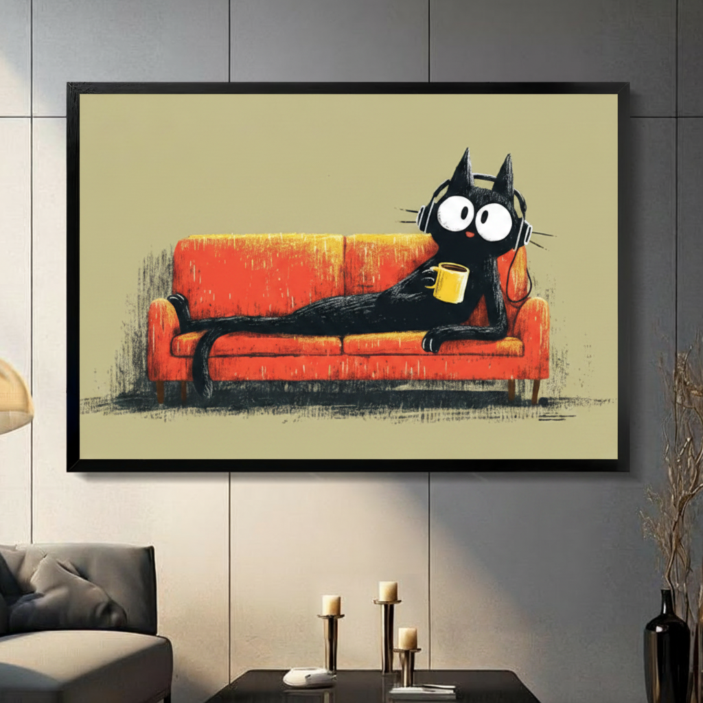 Black Cat Lounge Coffee Headphones Canvas Wall Art