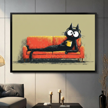 Black Cat Lounge Coffee Headphones Canvas Wall Art