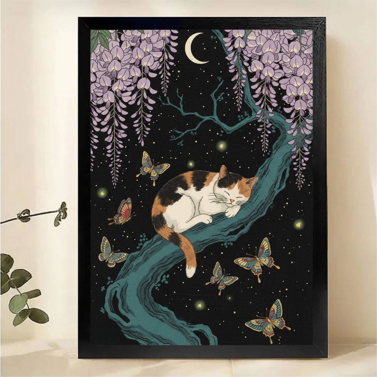 Cat Sleeping on Tree Branch Framed Wall Art - Moonlight Wisteria Print|W1076