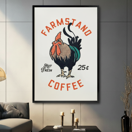 Farmstand Coffee rooster framed canvas wall art — retro vintage Americana poster print for farmhouse kitchen decor