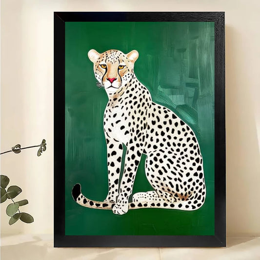 The Sleek Green-Background Leopard – Minimalist Modern Wall Art on Natural Wood Canvas | W569