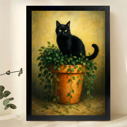 The Black Cat On Potted Plant – Vintage Rustic Wall Art on Natural Wood Canvas | W583