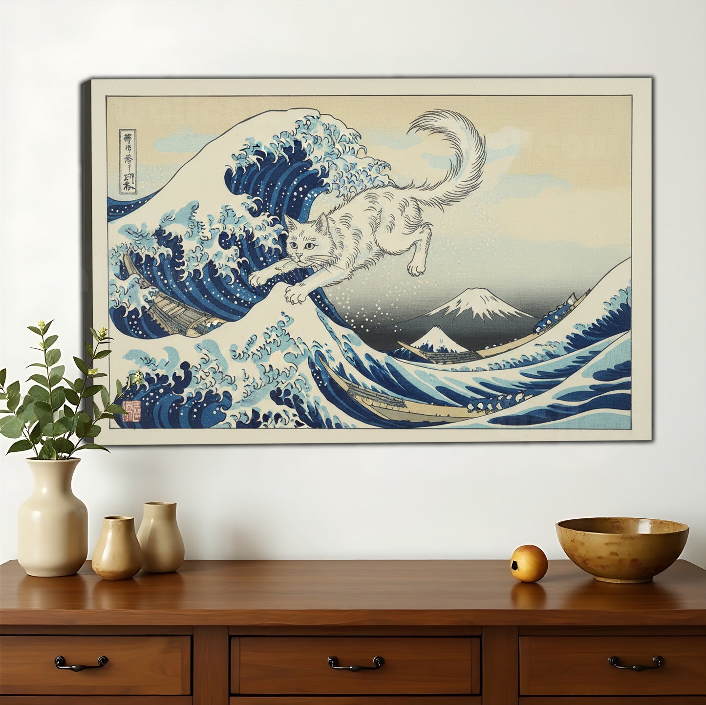 The Great Wave Cat – Ukiyo-E Inspired Whimsical Wall Art on Natural Wood Canvas | W628