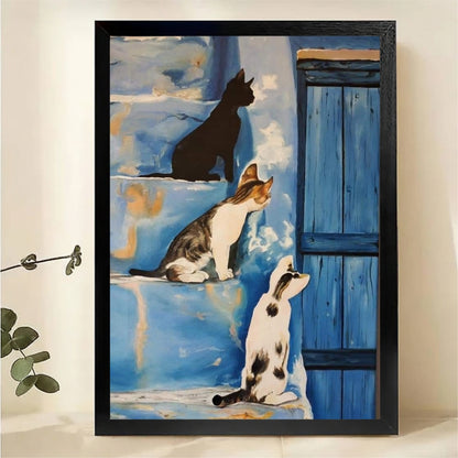 Three Cats on Blue Wall Art - Mediterranean Style Print|W1318