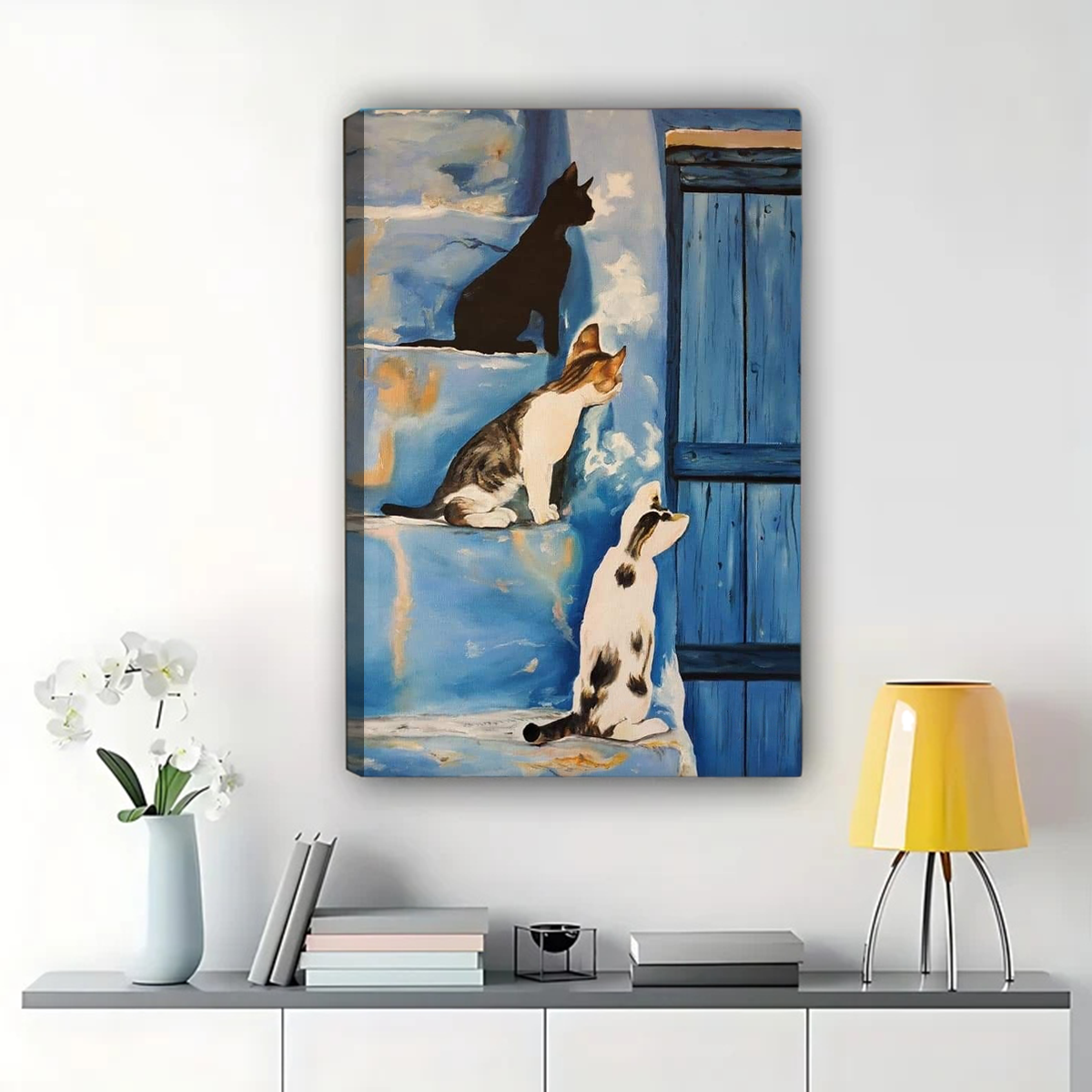Three Cats on Blue Wall Art - Mediterranean Style Print|W1318