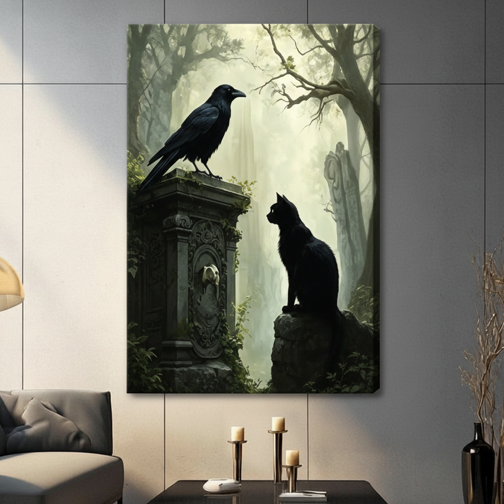 Gothic Black Cat Raven Forest Canvas Art w7112