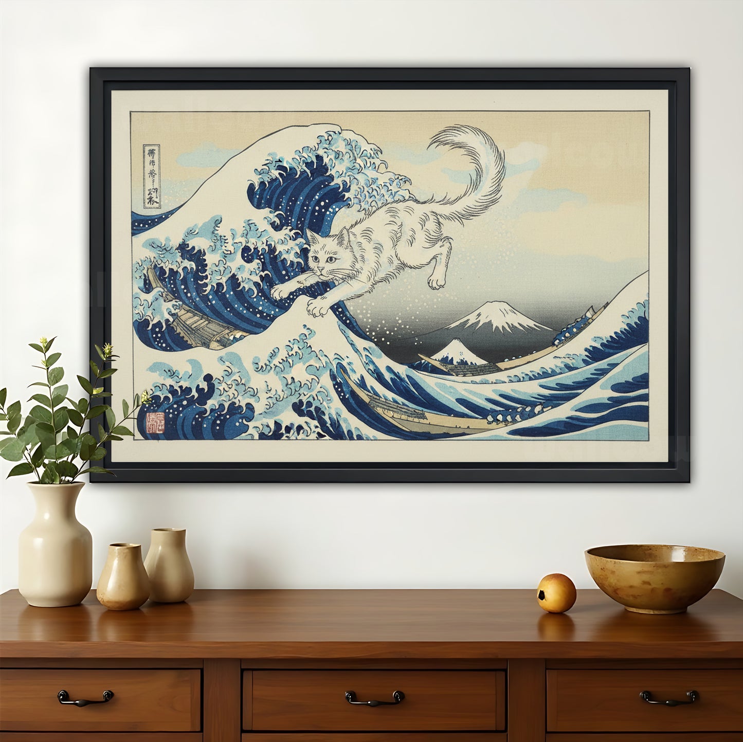 The Great Wave Cat – Ukiyo-E Inspired Whimsical Wall Art on Natural Wood Canvas | W628